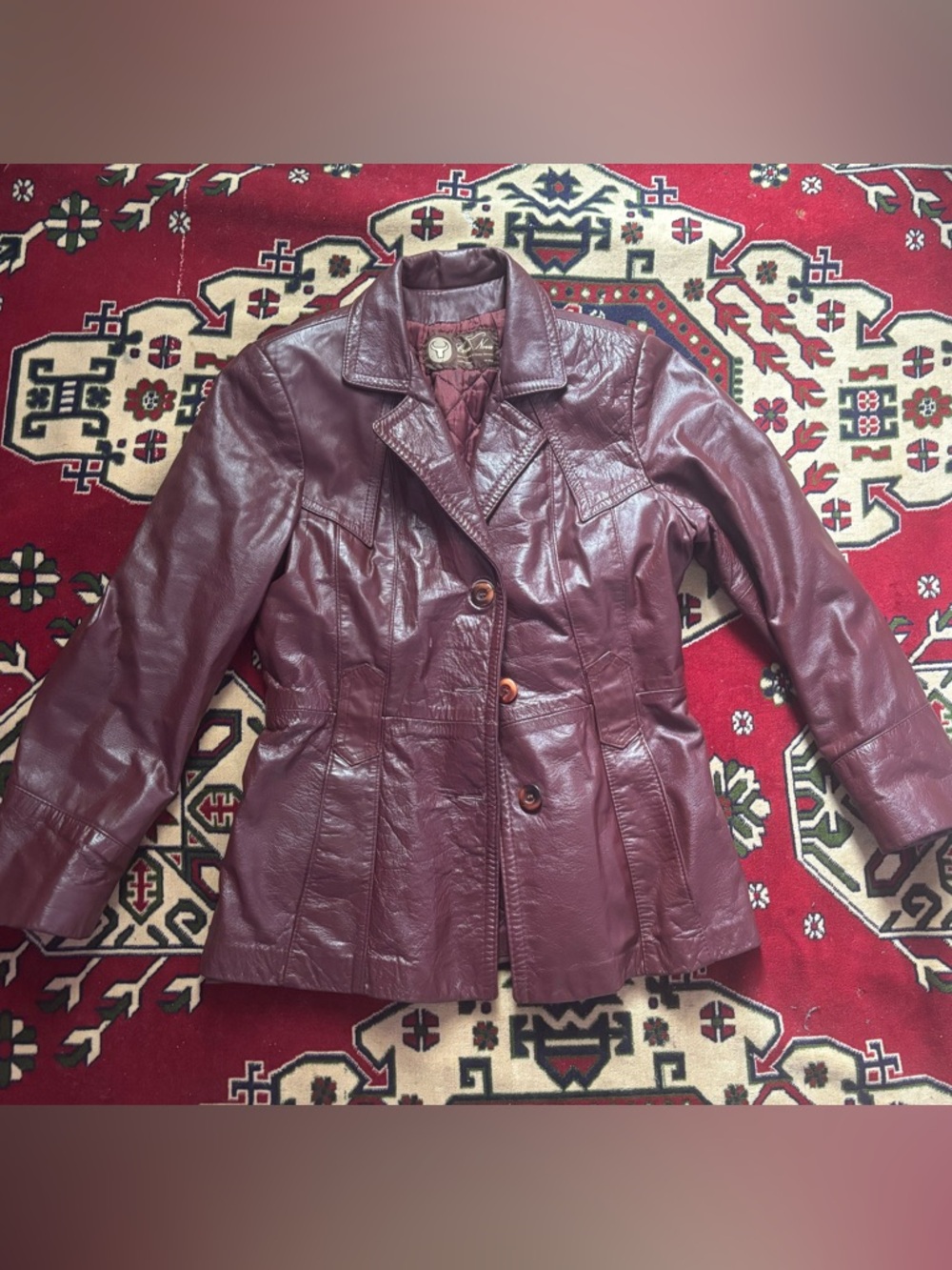 Women's Burgundy Leather Jacket with Button Front - Unbranded
